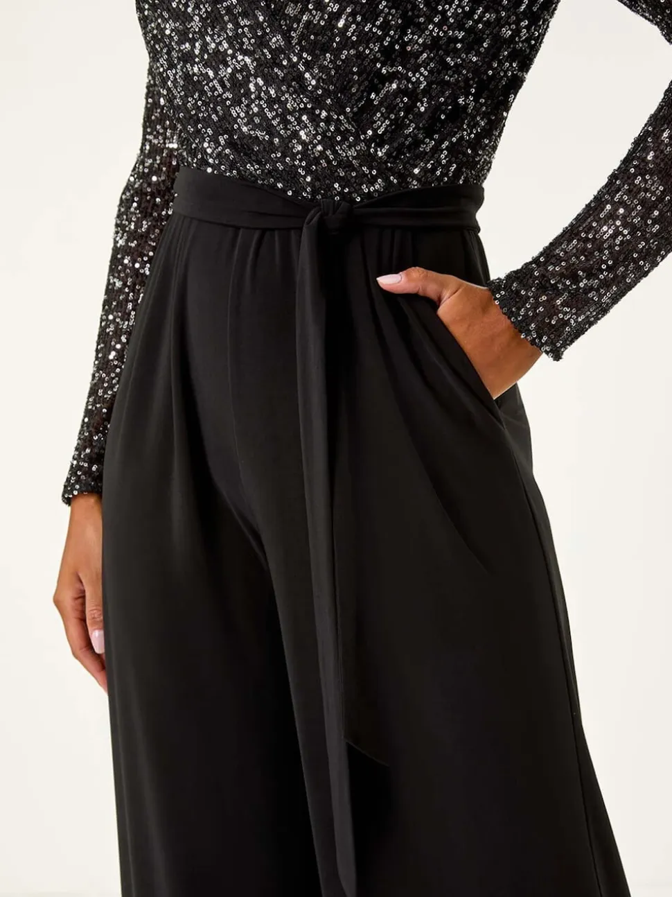 Roman Black Sequin Wrap V-Neck Stretch Jumpsuit