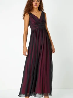 Roman Black Sleeveless Contrast Mesh Maxi Stretch Dress