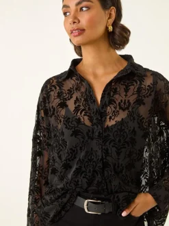 Roman Black Textured Floral V-Neck Blouse