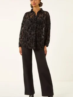 Roman Black Textured Floral V-Neck Blouse