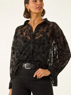 Roman Black Textured Floral V-Neck Blouse