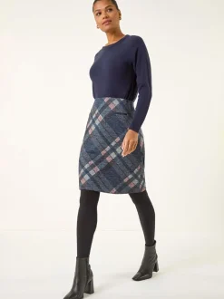 Roman Blue Check Print Brushed Skirt