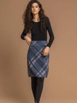 Roman Blue Check Print Brushed Skirt