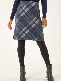 Roman Blue Check Print Brushed Skirt