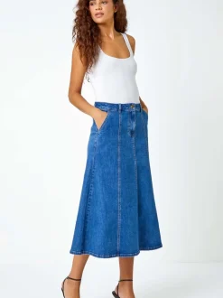 Roman Blue Cotton Denim Panelled Midi Skirt