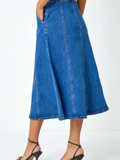 Roman Blue Cotton Denim Panelled Midi Skirt