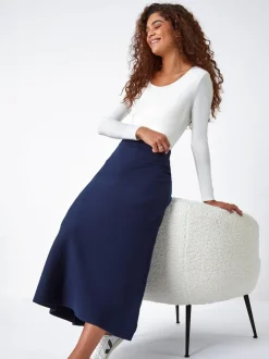Roman Blue Knitted Midi Stretch Skirt