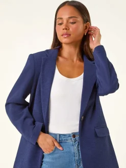 Roman Blue Petite Textured Buttoned Blazer