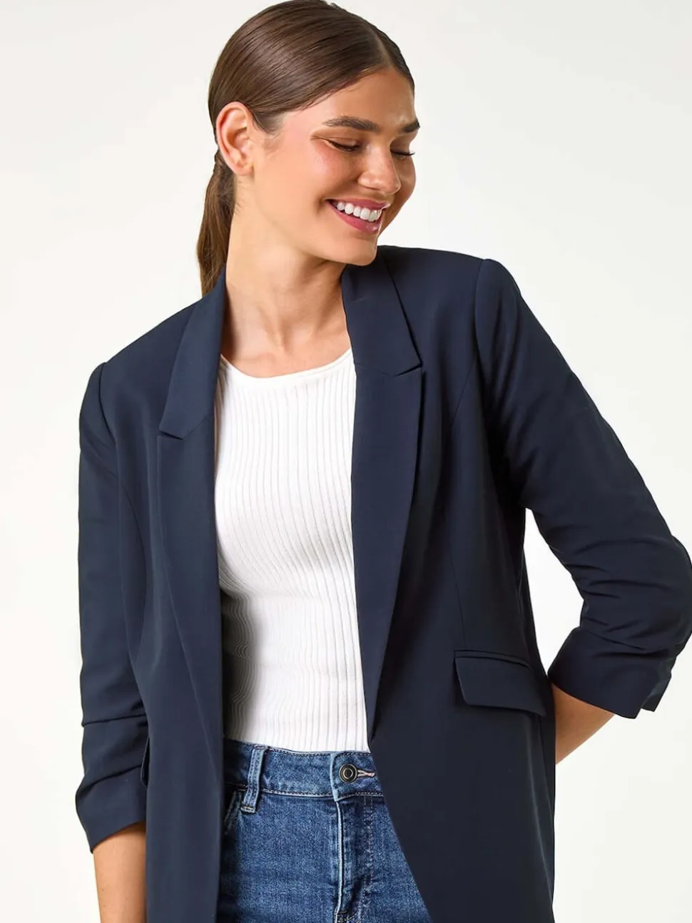 Roman Blue Ruched Sleeve Stretch Blazer