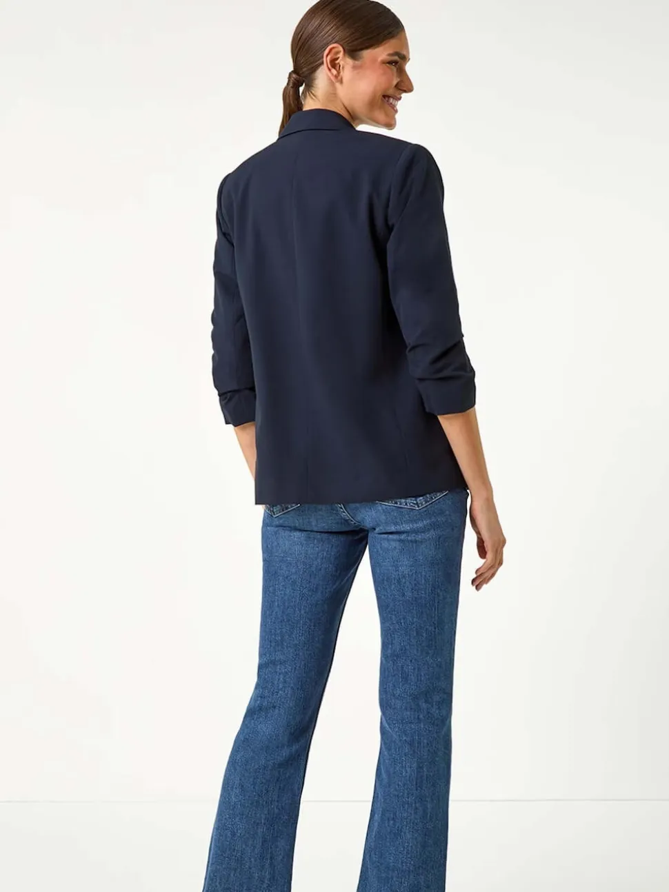 Roman Blue Ruched Sleeve Stretch Blazer