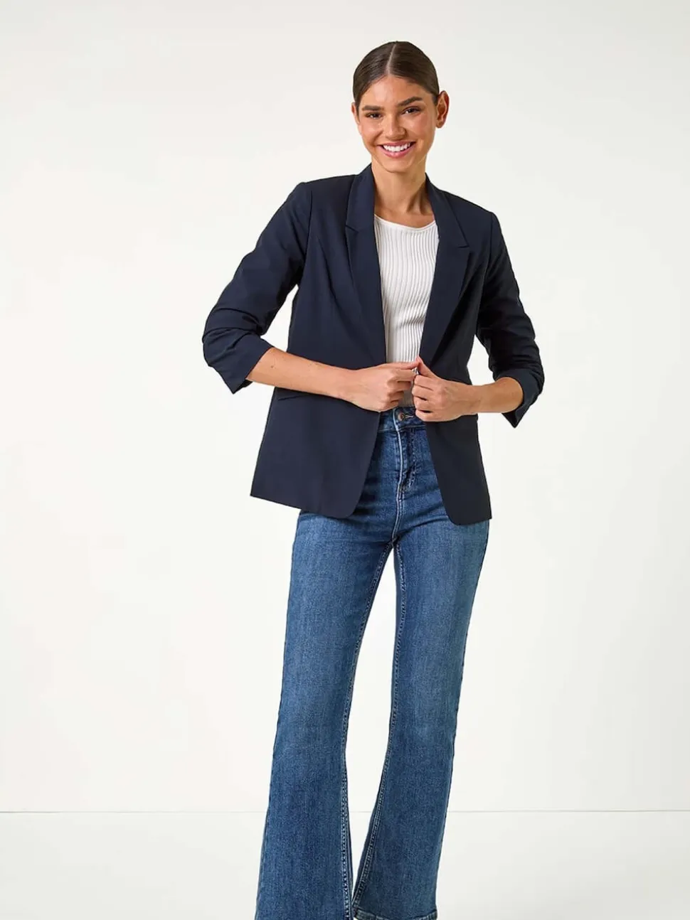 Roman Blue Ruched Sleeve Stretch Blazer