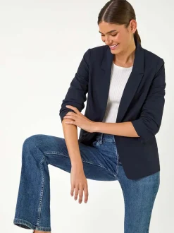 Roman Blue Ruched Sleeve Stretch Blazer