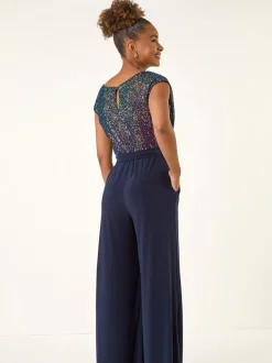 Roman Blue Sequin Bodice Cowl Neck Jumpsuit