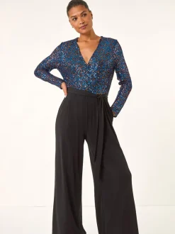 Roman Blue Sequin Wrap V-Neck Stretch Jumpsuit