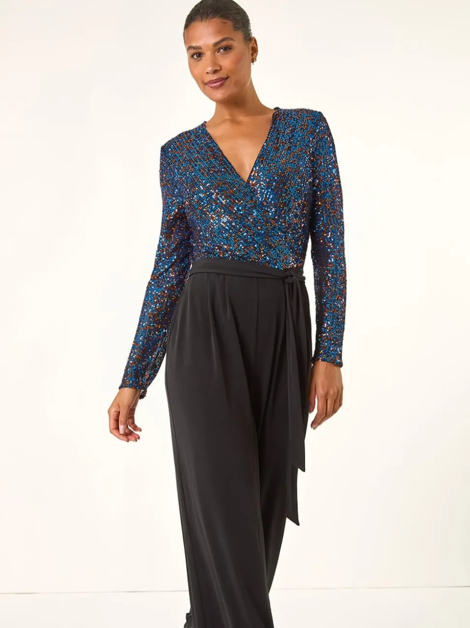 Roman Blue Sequin Wrap V-Neck Stretch Jumpsuit