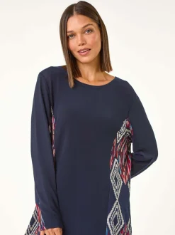 Roman Blue Side Printed Stretch Tunic Top