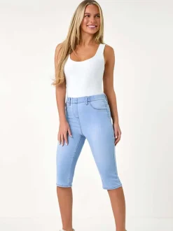 Roman Blue Stretch Knee Length Pedal Pusher Shorts