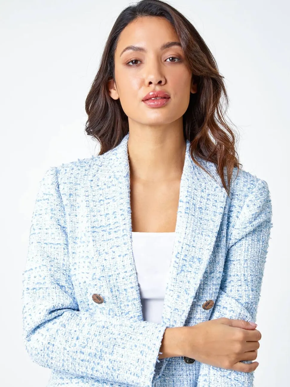 Roman Blue Textured Check Boucle Blazer Jacket