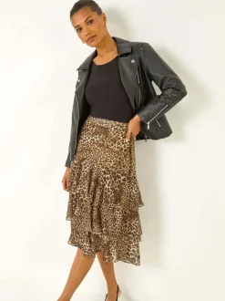 Roman Brown Animal Print Ruffled Skirt