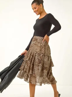 Roman Brown Animal Print Ruffled Skirt