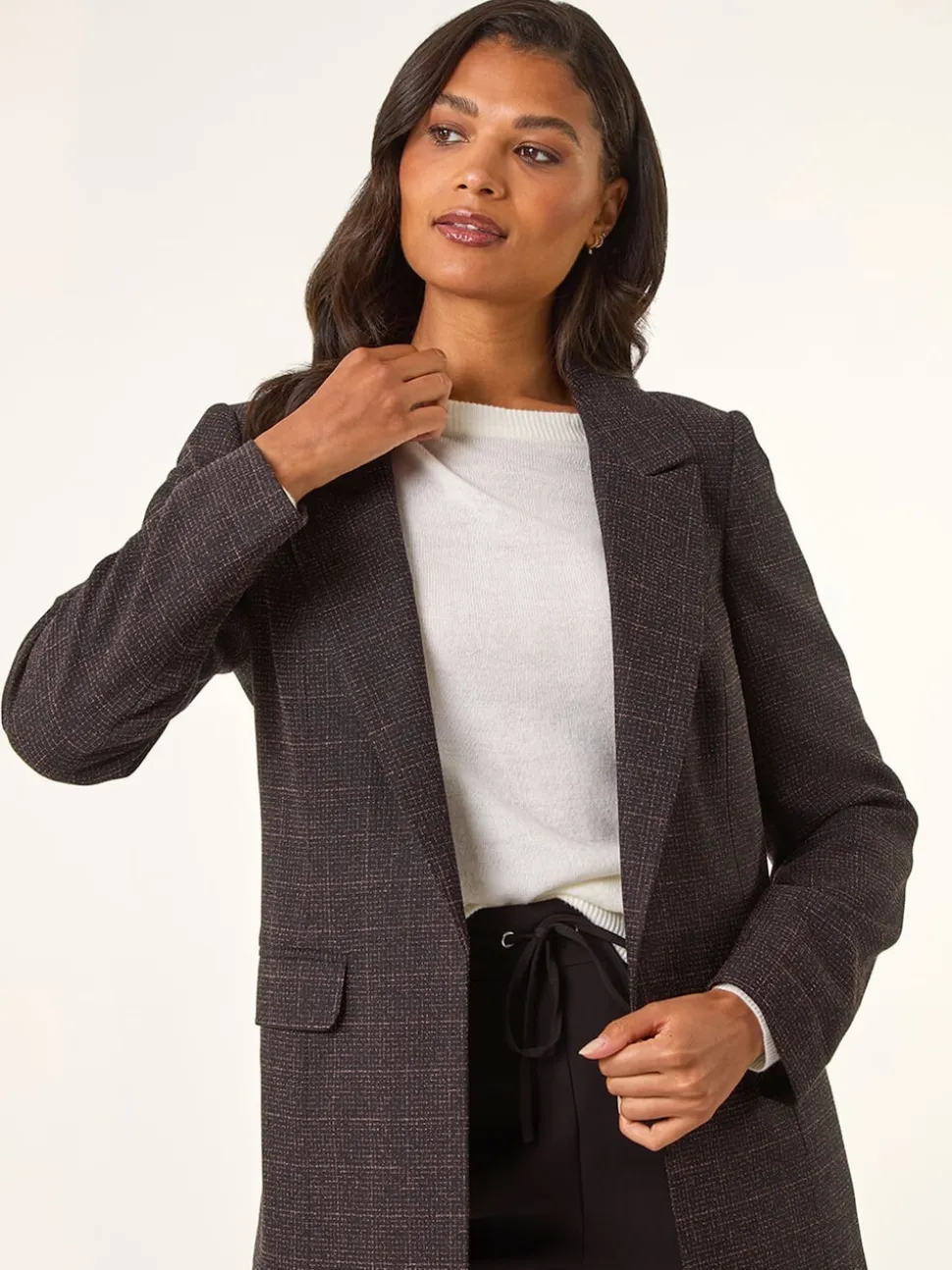 Roman Brown Check Print Longline Blazer
