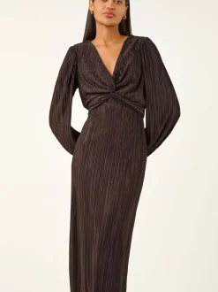 Roman Brown Plisse Twist Front Midi Dress