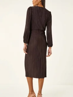 Roman Brown Plisse Twist Front Midi Dress