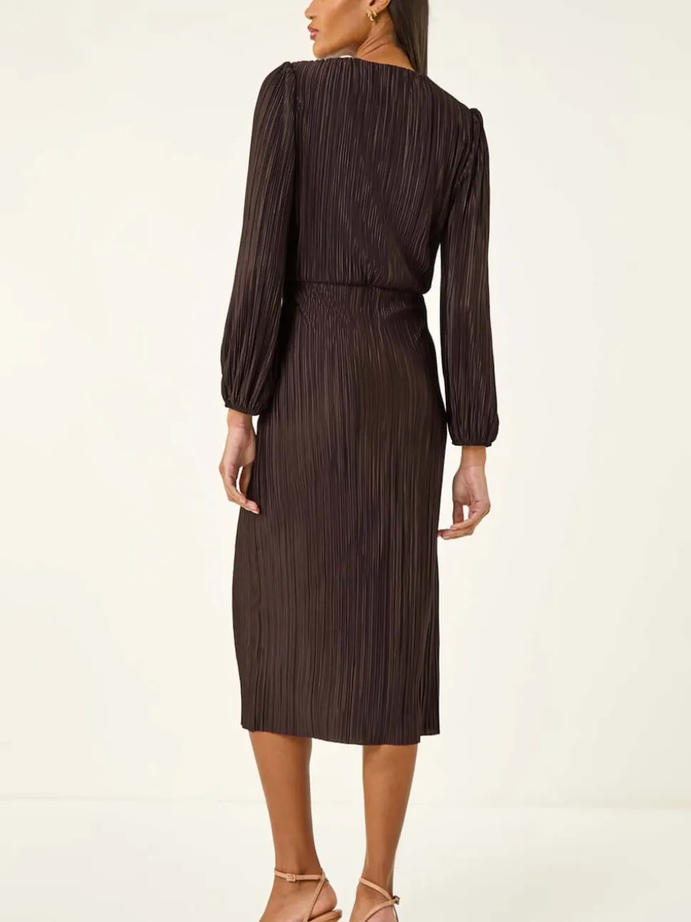 Roman Brown Plisse Twist Front Midi Dress