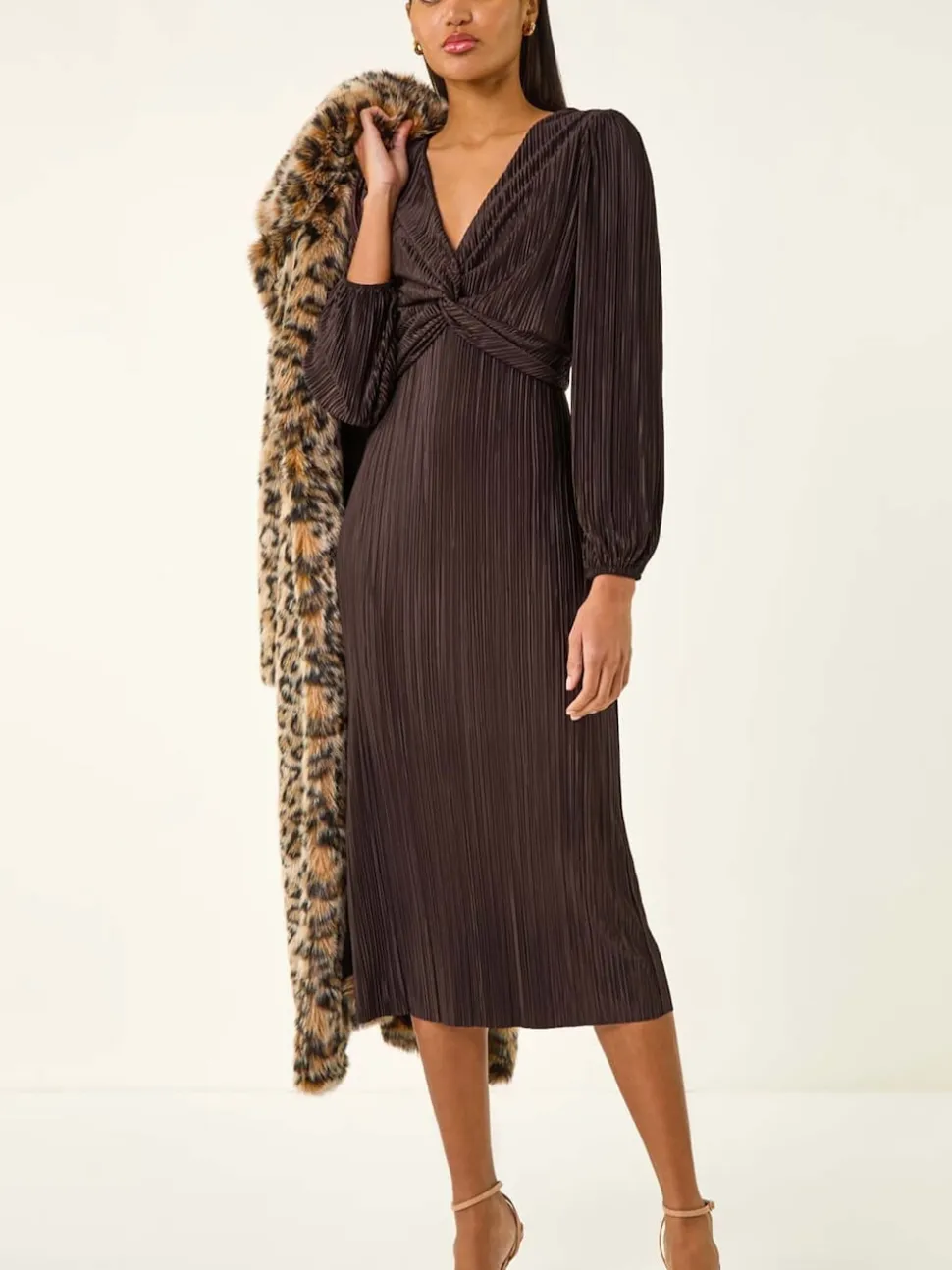 Roman Brown Plisse Twist Front Midi Dress