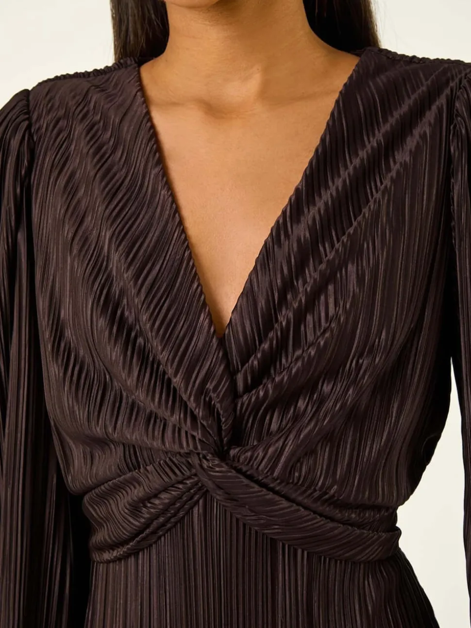 Roman Brown Plisse Twist Front Midi Dress