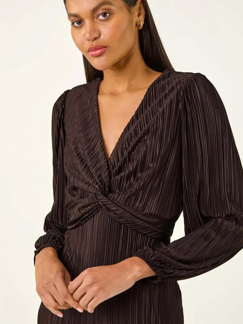 Roman Brown Plisse Twist Front Midi Dress