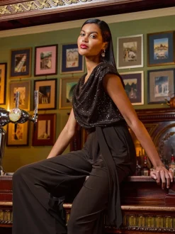 Roman Brown Sequin Bodice Cowl Neck Jumpsuit