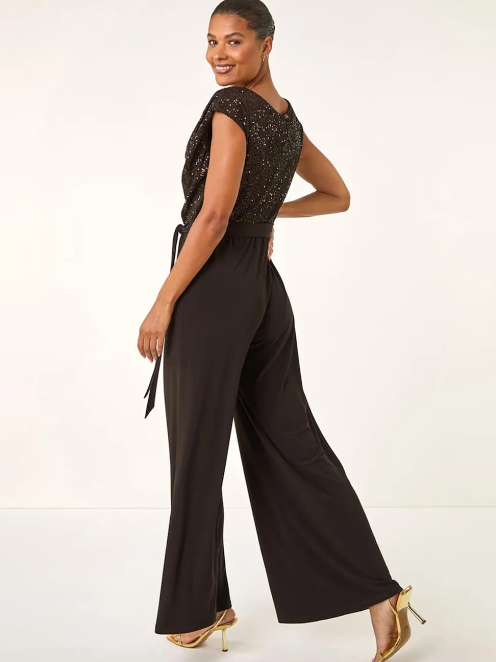 Roman Brown Sequin Bodice Cowl Neck Jumpsuit