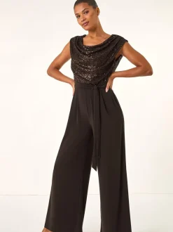 Roman Brown Sequin Bodice Cowl Neck Jumpsuit