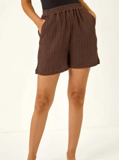 Roman Brown Textured Elastic Waist Woven Shorts