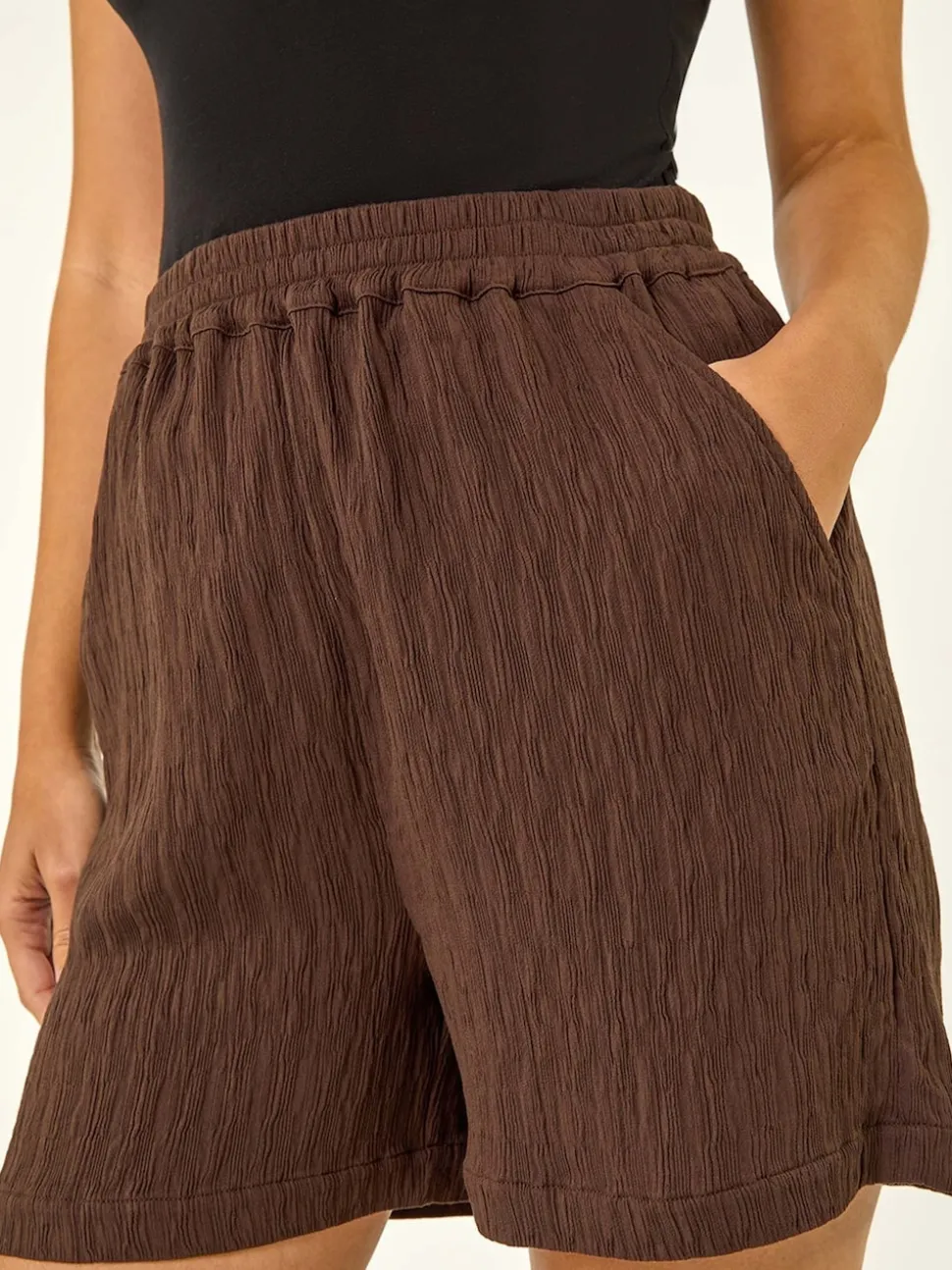 Roman Brown Textured Elastic Waist Woven Shorts