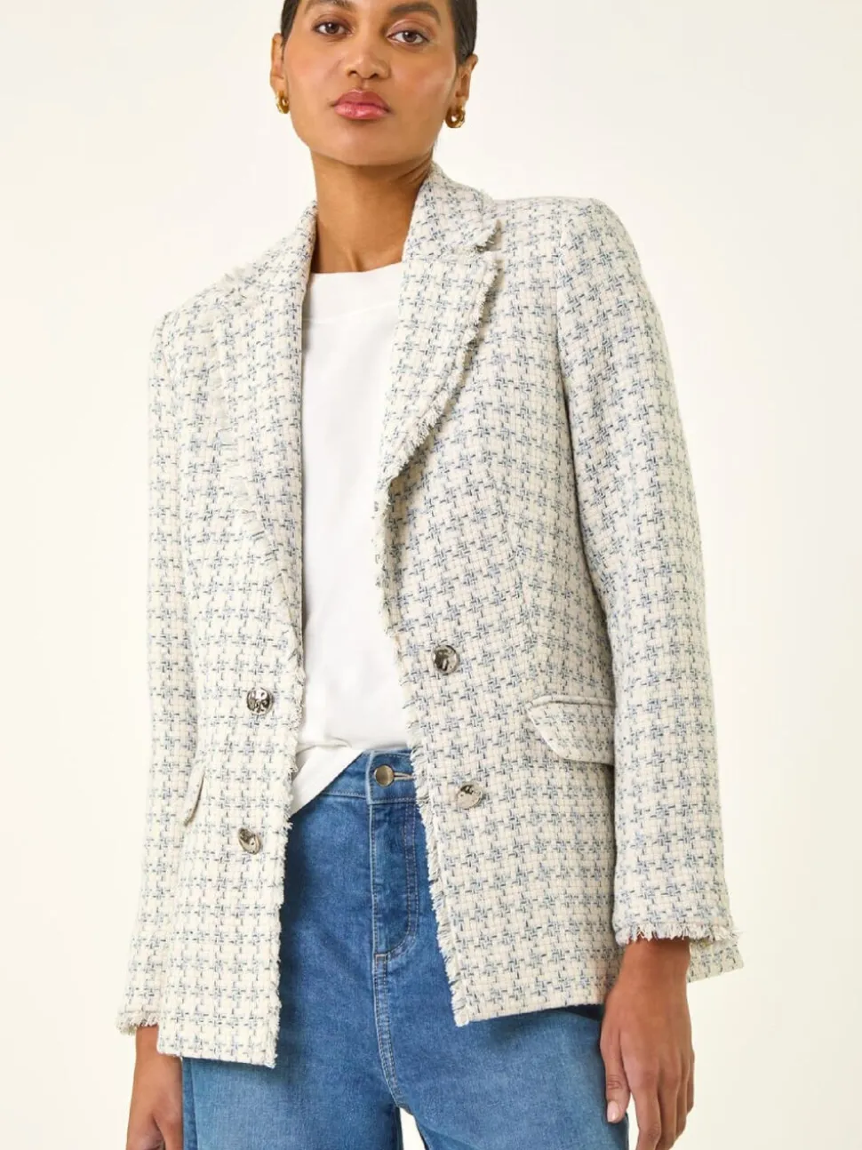 Roman Cream Boucle Frayed Edge Jacket