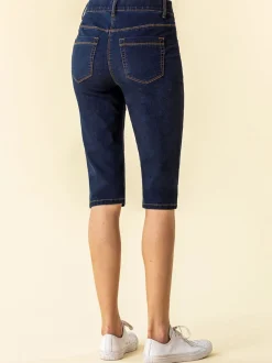Roman Dark Blue Denim Stretch Knee Length Pedal Pusher Shorts