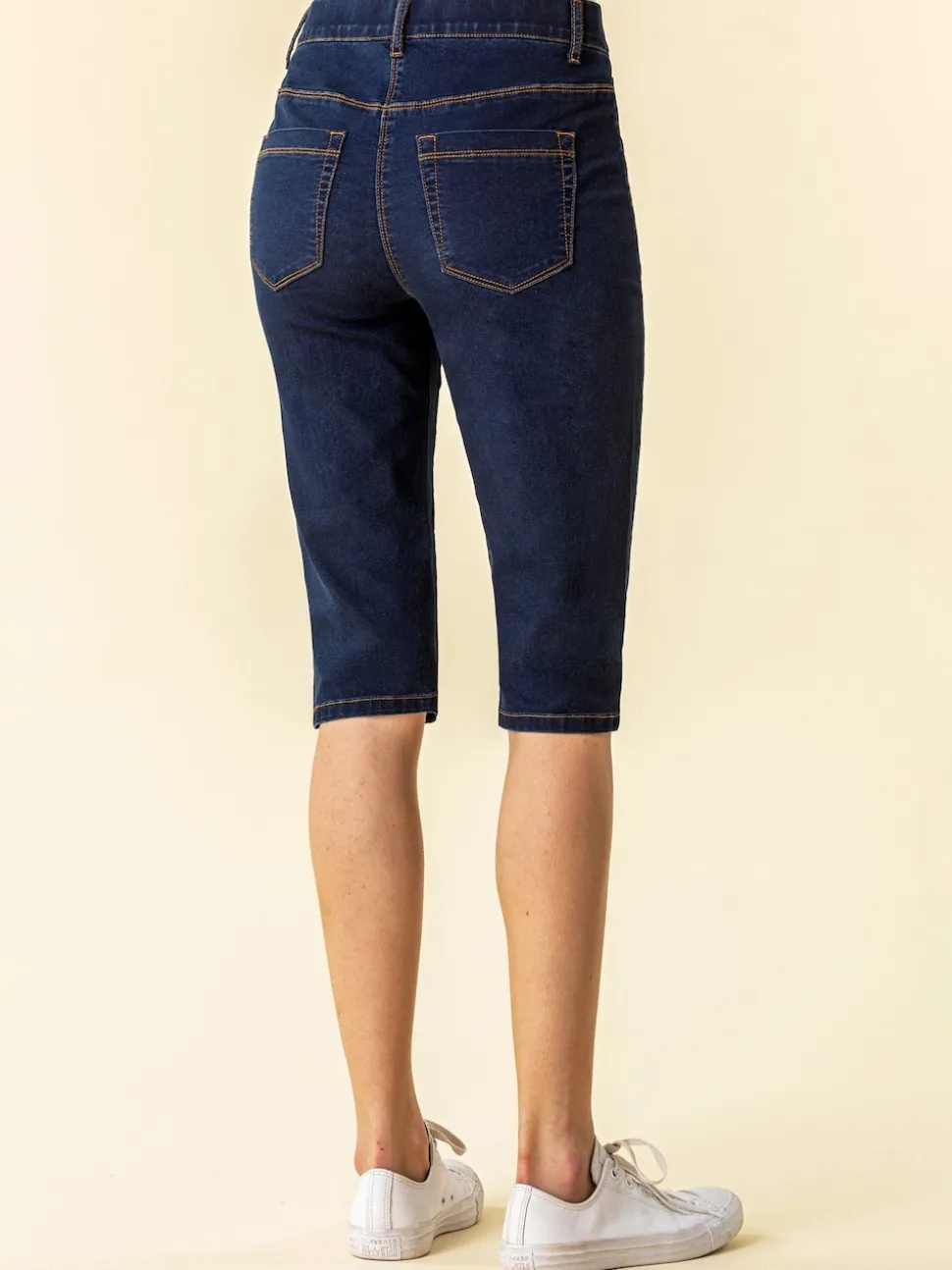 Roman Dark Blue Denim Stretch Knee Length Pedal Pusher Shorts