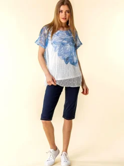 Roman Dark Blue Denim Stretch Knee Length Pedal Pusher Shorts
