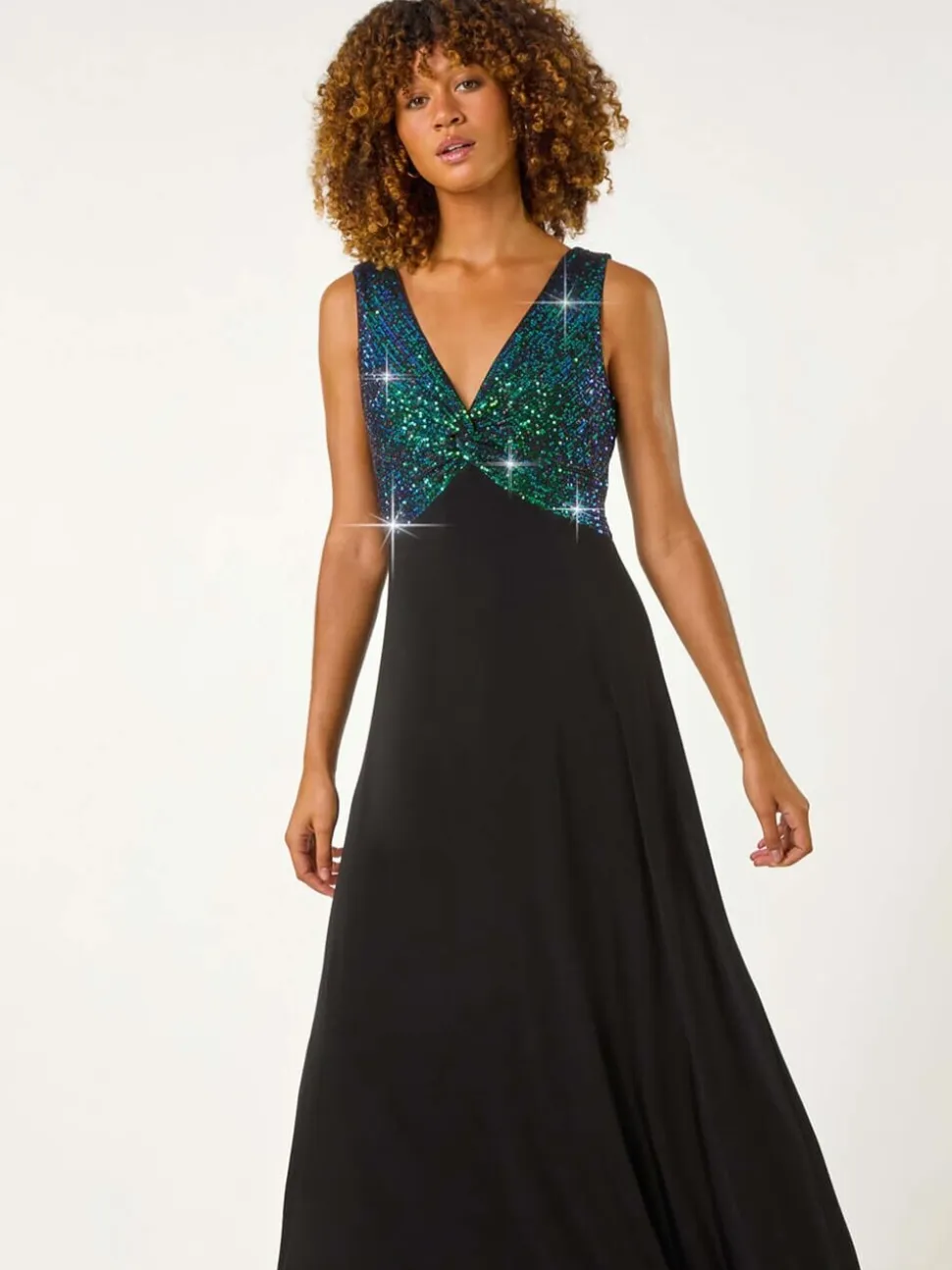 Roman Green Contrast Sequin Bodice Maxi Dress