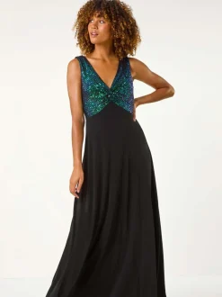 Roman Green Contrast Sequin Bodice Maxi Dress