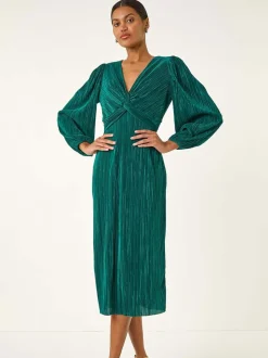 Roman Green Plisse Twist Front Midi Dress
