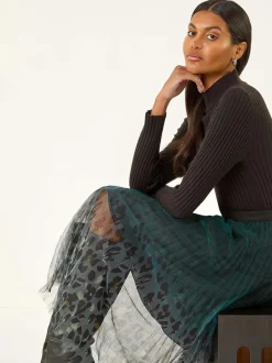 Roman Green Printed Pleat Mesh Skirt