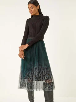 Roman Green Printed Pleat Mesh Skirt