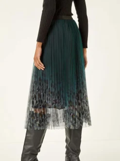 Roman Green Printed Pleat Mesh Skirt