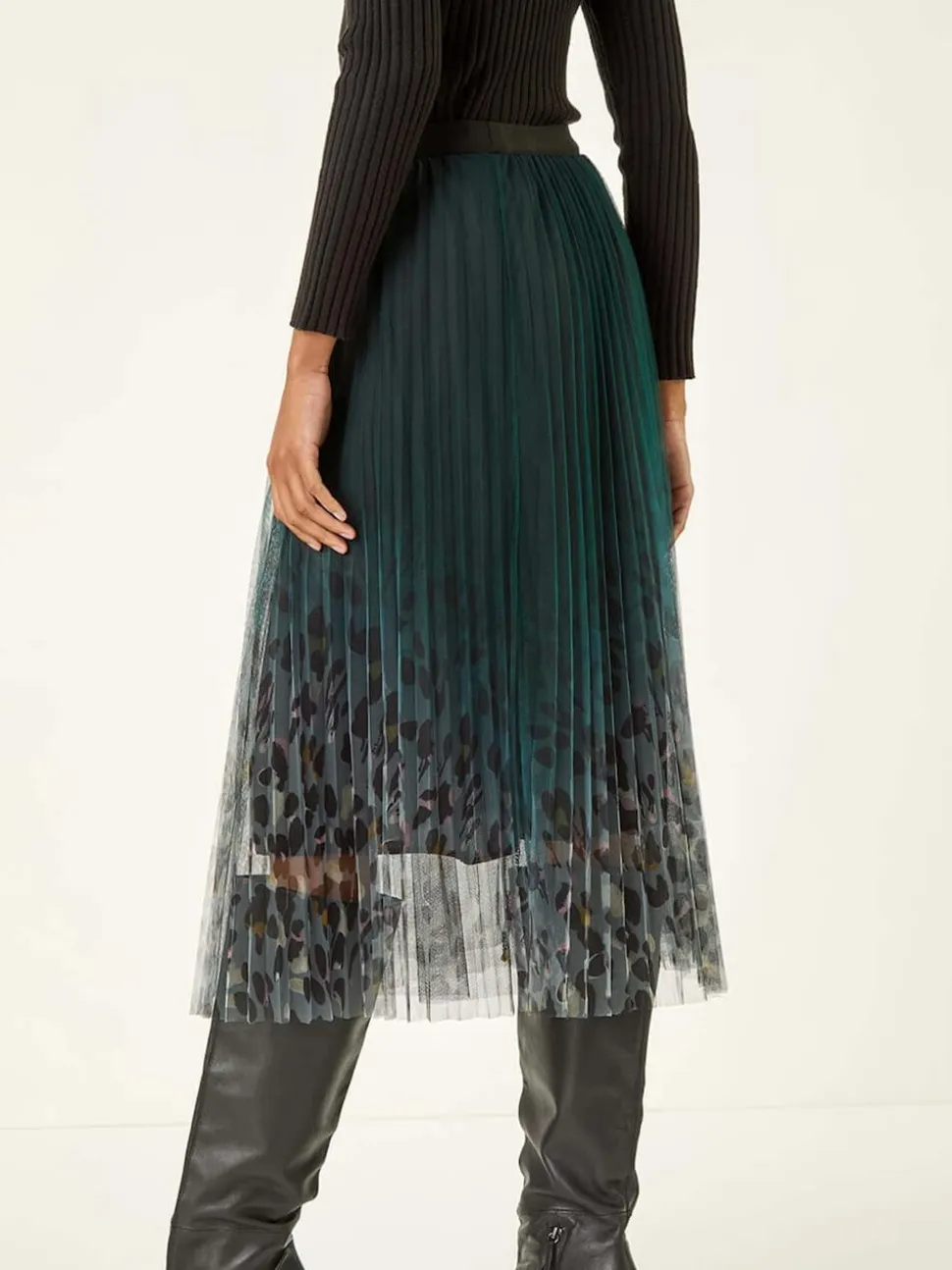Roman Green Printed Pleat Mesh Skirt