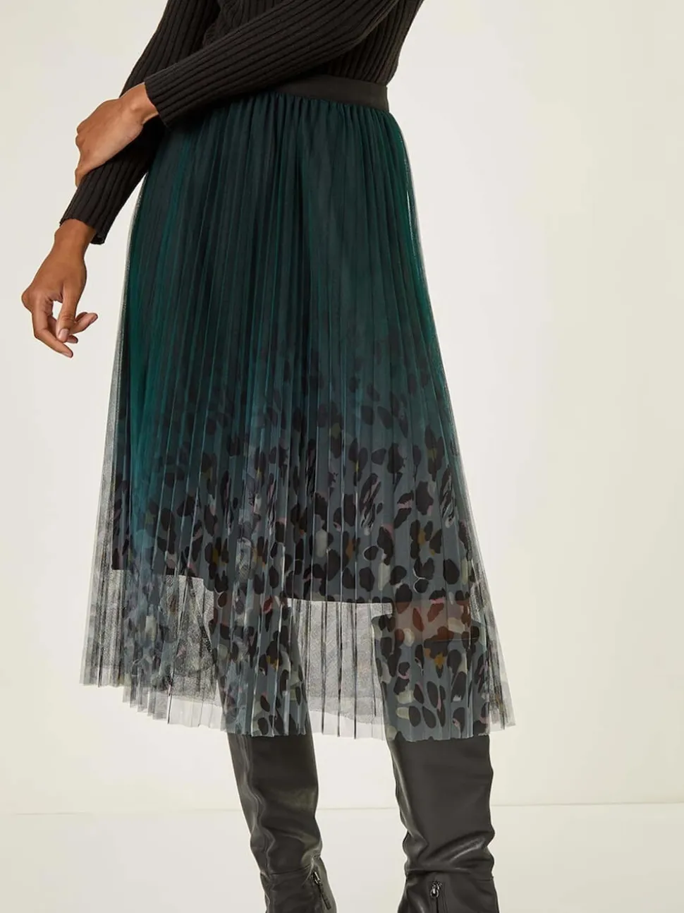 Roman Green Printed Pleat Mesh Skirt