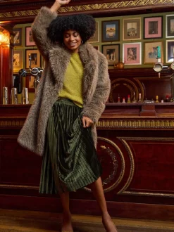 Roman Green Velvet Pleated Midi Skirt