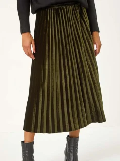 Roman Green Velvet Pleated Midi Skirt